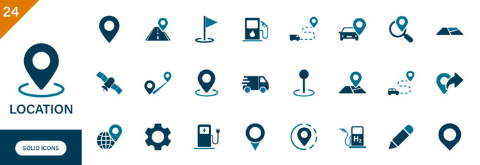 Location icon. Containing pin, map, charging station, gas station, traffic, truck, car, GPS satellite, recent location, location sharing. Solid vector icons set.