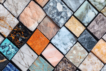 A diverse collection of polished stone slabs arranged in a diagonal pattern