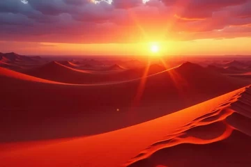 Gordijnen Crimson Namibian dunes at sunset, sun casting long shadows, majestic, sunlight, landscape © ORAWAN