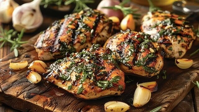 Grilled chicken breast seasoned with herbs and garlic on rustic wood background, a flavorful and healthy meal option packed with protein and nutrition