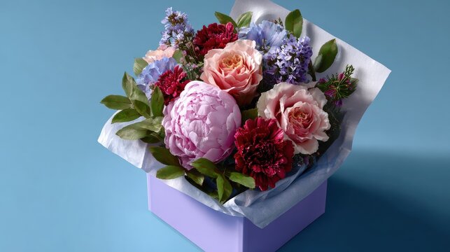 A vibrant floral arrangement in a purple box featuring pink peonies, roses, and various colorful blooms, set against a blue background.