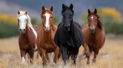 Obraz premium A group of four horses, including a black, a chestnut, and a white-faced horse, gallop through a grassy field with blurred autumn foliage in the background.