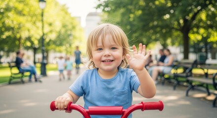 Young child joyfully riding a tricycle in a city park during a sunny day with people enjoying the outdoors