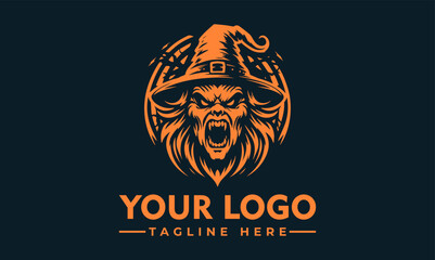 Graphic illustration of a menacing witch face with a hat, roaring with sharp teeth, set against a dark background.