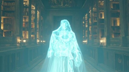A translucent, ethereal figure in a long, flowing gown stands in the center of a dimly lit, ancient library, surrounded by towering bookshelves and antique architectural details. - Powered by Adobe
