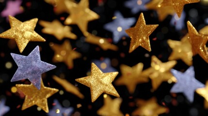 Glittering gold and purple stars float against a dark background, creating a festive and magical atmosphere.