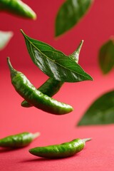 Green chili peppers and leaves float against a vibrant red background, creating a dynamic and colorful culinary scene.