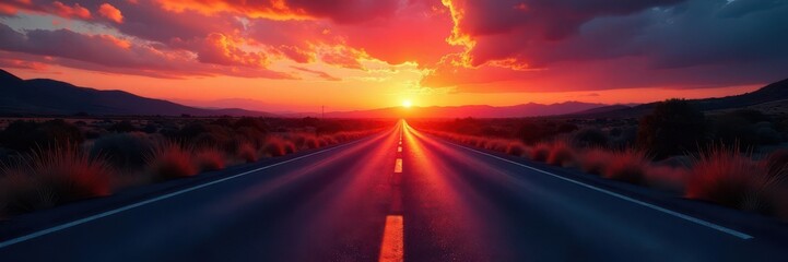 Dark asphalt ribbon unwinds under fiery sunset sky, intense colors , freedom, dark