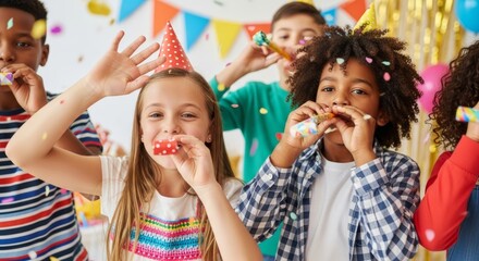 Fototapeta premium Children celebrate together, blowing party horns in a festive indoor setting, filled with color and joy amidst a cheerful gathering
