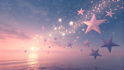 Celestial Sunset Over Calm Ocean With Glittering Stars and Dreamy Pastel Sky