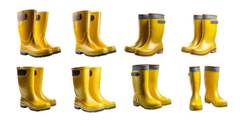 Bright Yellow Rubber Boots on Transparent Background