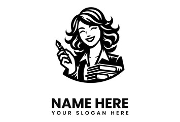 Smiling woman teacher holding books and pen, logo design.