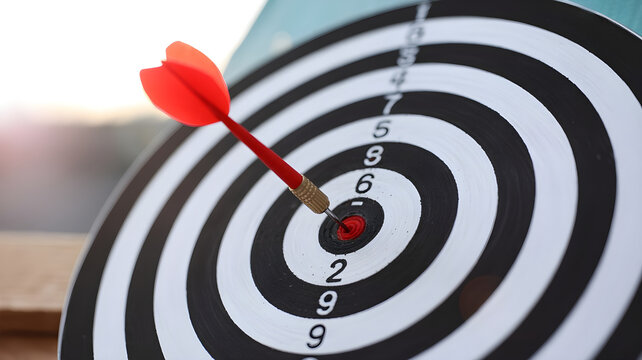 Target Achievement Concept. Dart Hitting the Bullseye on Dartboard Representing Focus and Goals.