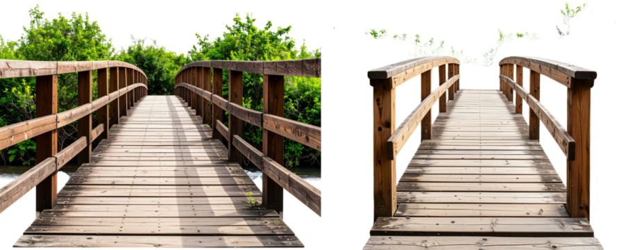 Set ofFront View of Rustic Wooden Footbridge Over Stream, Isolated PNG