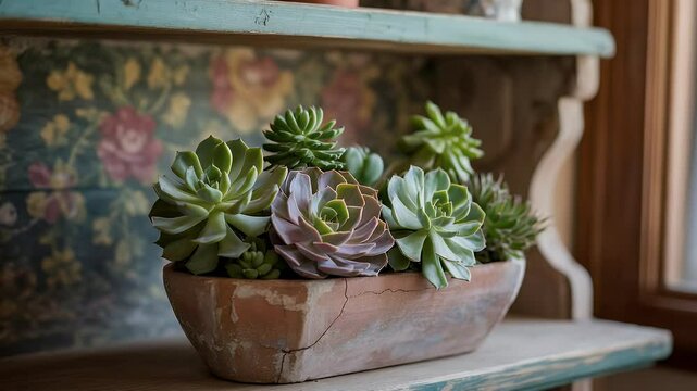 Succulents in rustic terracotta planter on wooden shelf