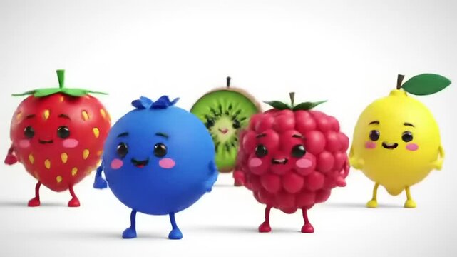 Colorful animated fruits dancing joyfully in a bright, cheerful environment with playful expressions