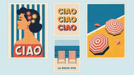 Vintage italian summer vacation posters collection with beach and ciao theme