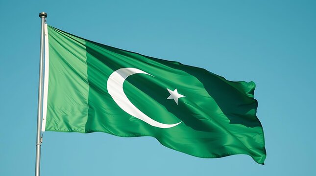 The flag of pakistan, a rich green field with a white crescent and star, is seen waving dynamically against a clear blue sky - Powered by Adobe