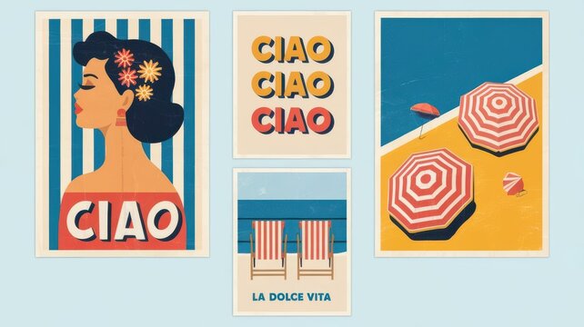 Vintage italian summer vacation posters collection with beach and ciao theme