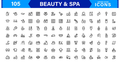 Beauty and Spa Icon Set Representing Wellness, Facial, Skin Care, Relaxation, and Beauty Treatments in a Clean, Professional, Minimalist Vector Design