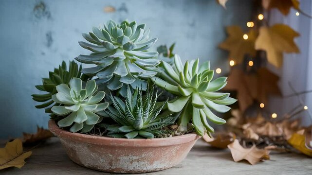 Succulents in terracotta pot autumn indoor setting closeup