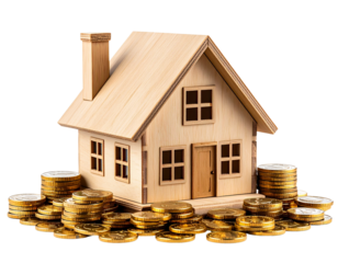  Cozy Wooden House Model Surrounded by Gold Coins on White Background, Isolated PNG