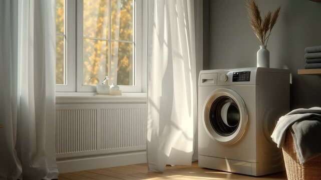 interior shot of modern minimalist laundry corner with washer dryer, folded towels, sunlight through white curtains, tidy and calm