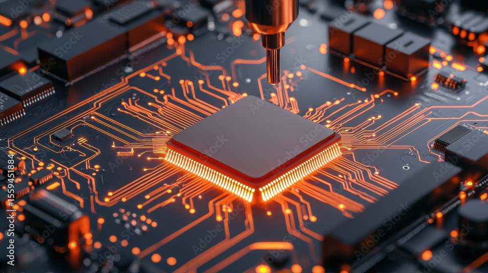 Poster close-up of a microchip on a circuit board with glowing orange connections and a tool working on the