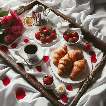 Luxurious breakfast in bed &mdash; white silk sheets, a tray of croissants, strawberries, black coffee and a sprinkling of rose petals, a romantic and cozy atmosphere"