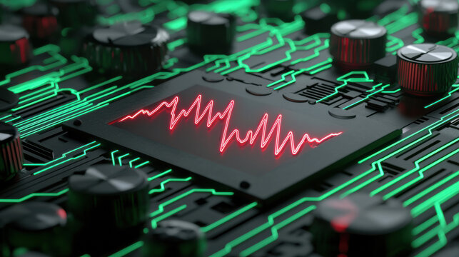 close-up of a futuristic microchip with glowing green circuits and a red waveform displayed on its surface, highlighting advanced electronic technology.
