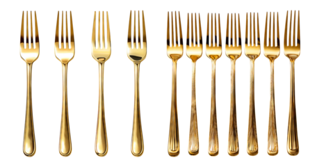 Elegant Collection of Golden Forks Arranged in a Row on White Background, PNG bundle collection, Isolated on Transparent Background