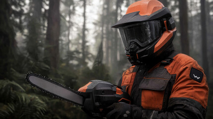 person in protective gear holds a chainsaw in a misty forest, ready for logging or forestry work.
