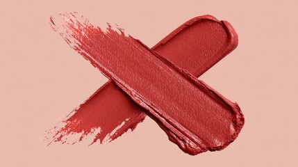 Fototapeta premium Red lipstick swatch in an X shape on a soft pink background, showcasing texture and color.