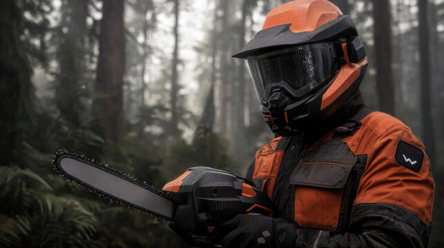 person in protective gear holds a chainsaw in a misty forest, ready for logging or forestry work. - Powered by Adobe