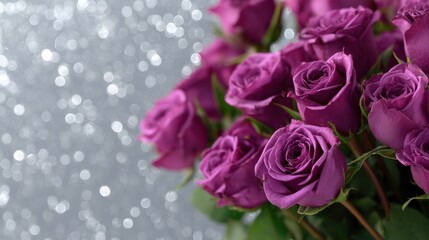 Fototapeta premium A close-up of vibrant purple roses against a sparkling silver bokeh background, creating a luxurious and romantic floral display.