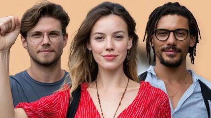 Three confident young adults stand together, exuding unity and empowerment, with one raising a fist in solidarity against a neutral background.