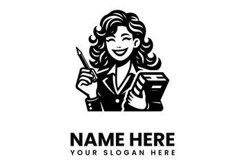 Smiling woman, curly hair, holding pencil and book, business professional logo design.