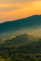 Vertical Horizon Sunset mountain range beautiful landscape mist foggy sunrise beam. Golden sky Mountain landscape mountain. Vertical Amazing Landscape cloud sky on sunrise. Gold sunlight heaven scene