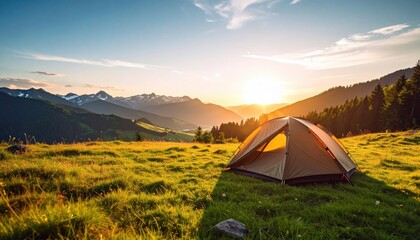 Camping under a sunset in a scenic mountain landscape