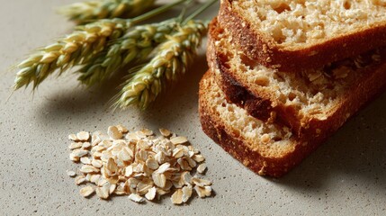 Slices of whole grain bread with wheat stalks and oats on a textured surface, showcasing natural ingredients and healthy eating.