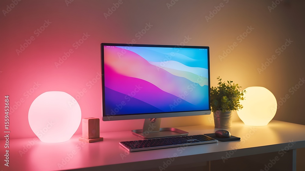 Poster modern desktop setup with ambient lighting and plant computer monitor