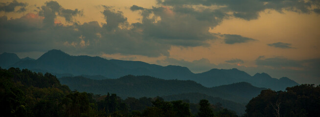 Banner Beautiful Mountain landscape foggy mountain green landscape morning sunrise. Amazing...