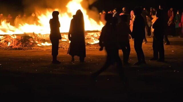Silhouettes of people standing near a huge fire at night, expressing cultural or spiritual traditions