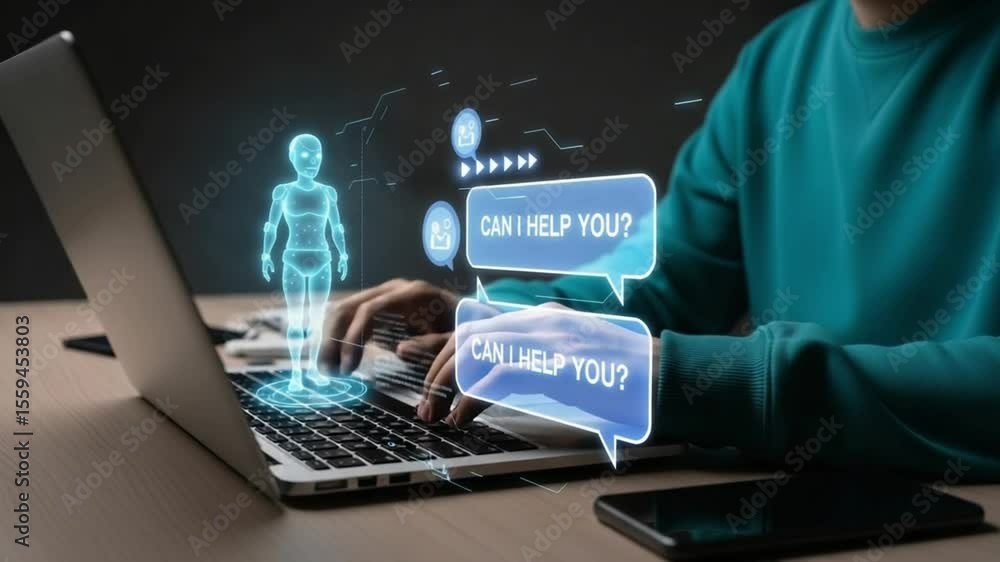 Aufkleber Person typing on laptop with digital avatar and chat bubbles floating above the keyboard area view