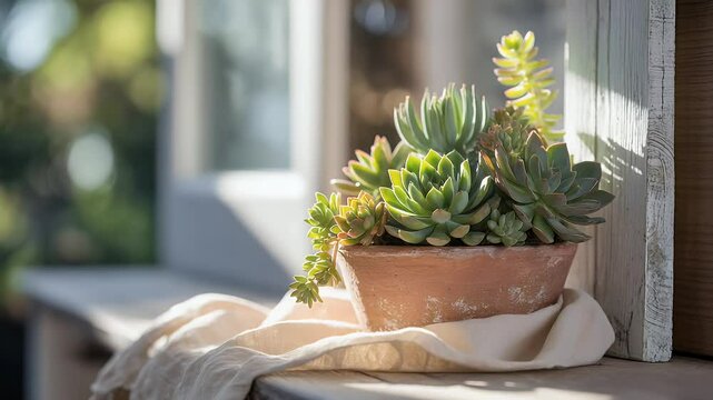 Succulents in terracotta pot sunlight peaceful nature scene