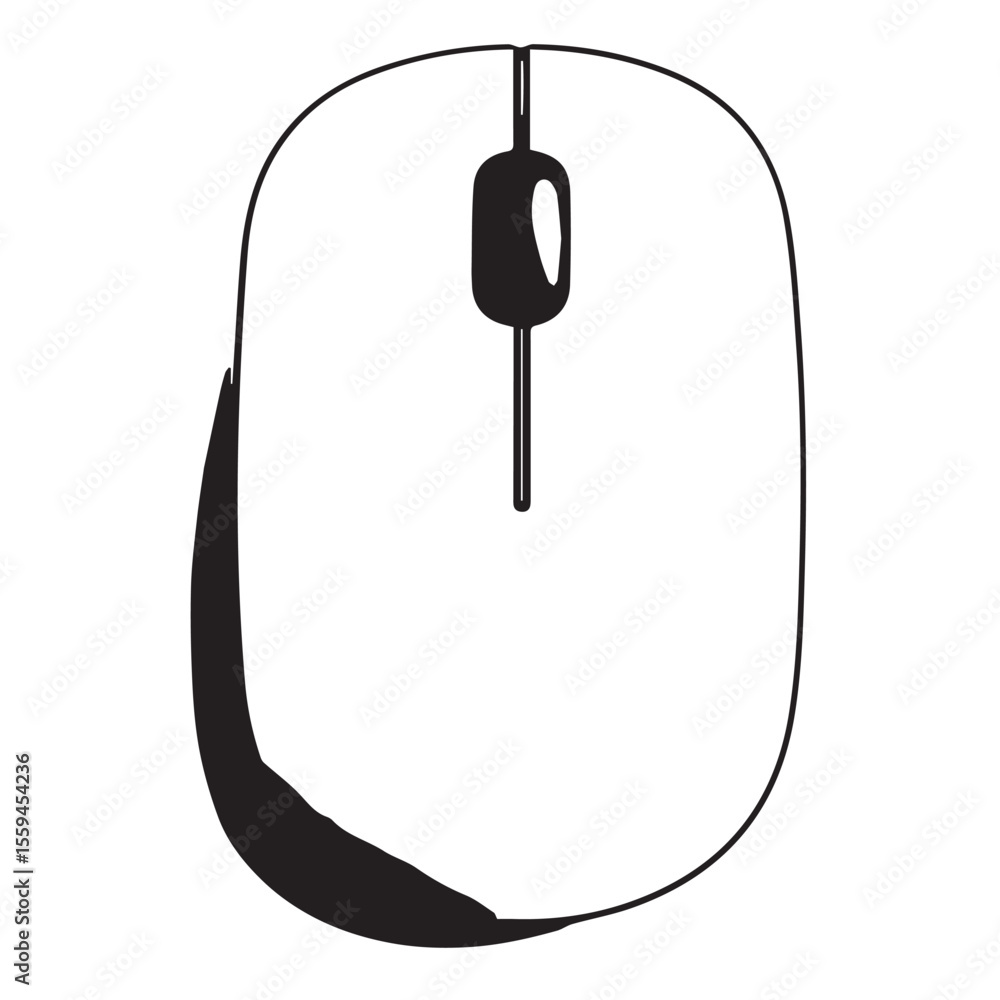 Fototapete Simple black and white outline drawing of a computer mouse with a solid black shadow on the left side
