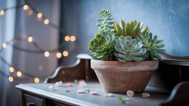 Succulents in terracotta pot tranquil home decor still life