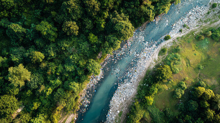 Drone view of trash filled river winding through dense green forest and rocky banks