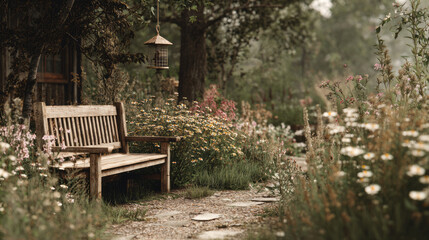 Peaceful garden with wooden bench surrounded by blooming flowers and hanging bird feeder