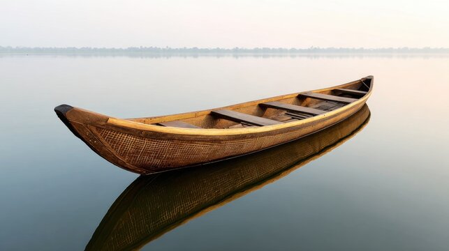 Serene Wooden Canoe Floating on Calm Water at Dawn